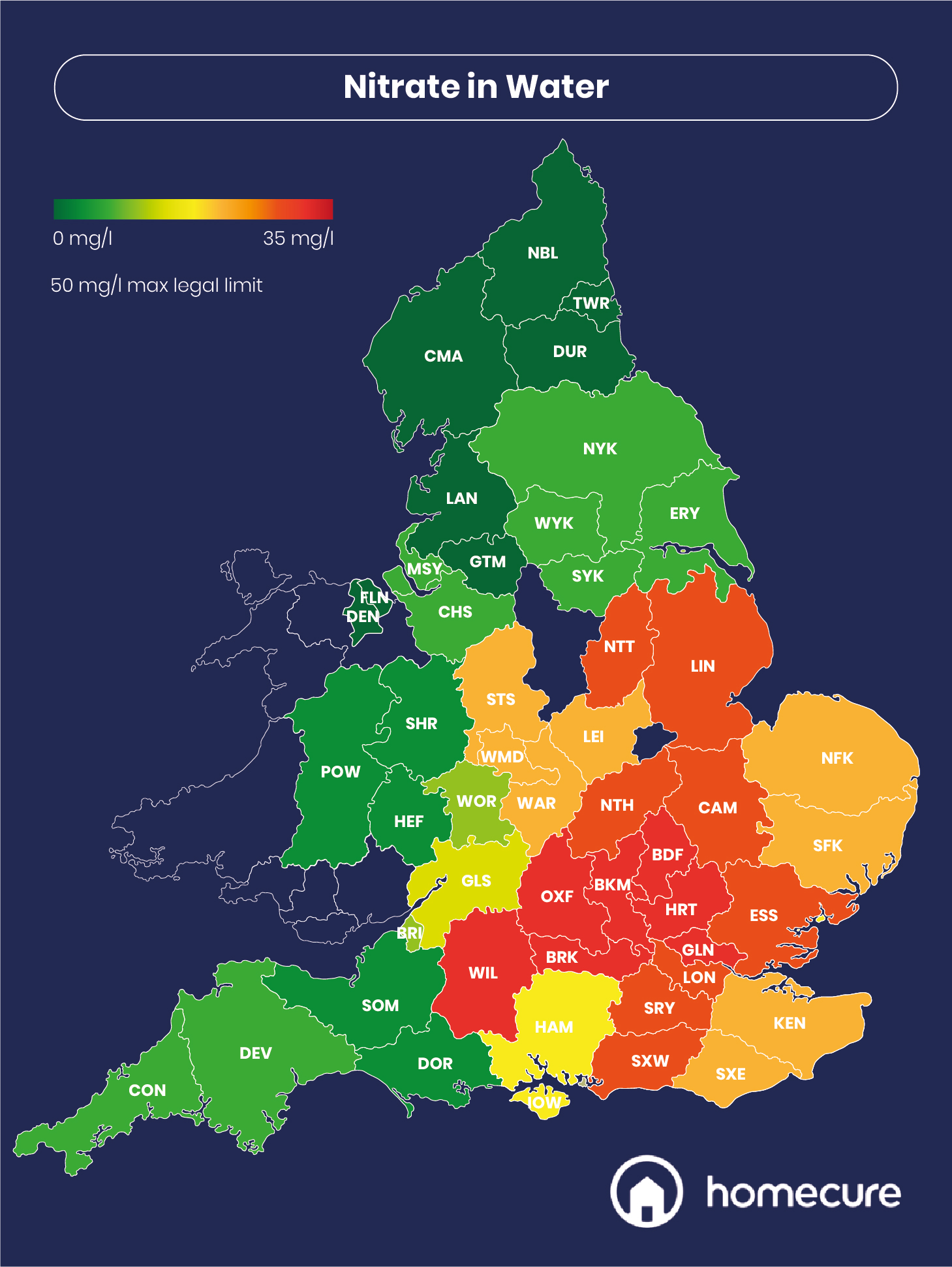 UK Counties with Nitrates in Their Water Quality - Homecure Plumbers